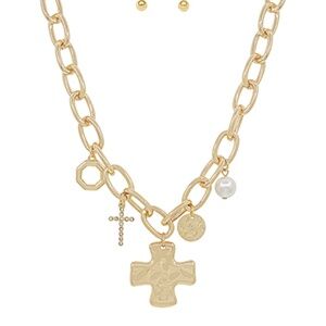 Hammered Byzantine Cross Pearl Necklace Set